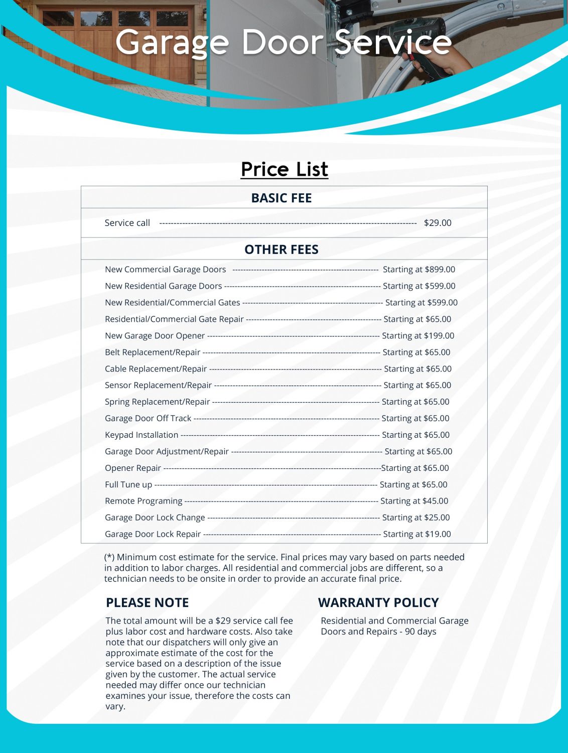 Price List Capitol Garage Door Service